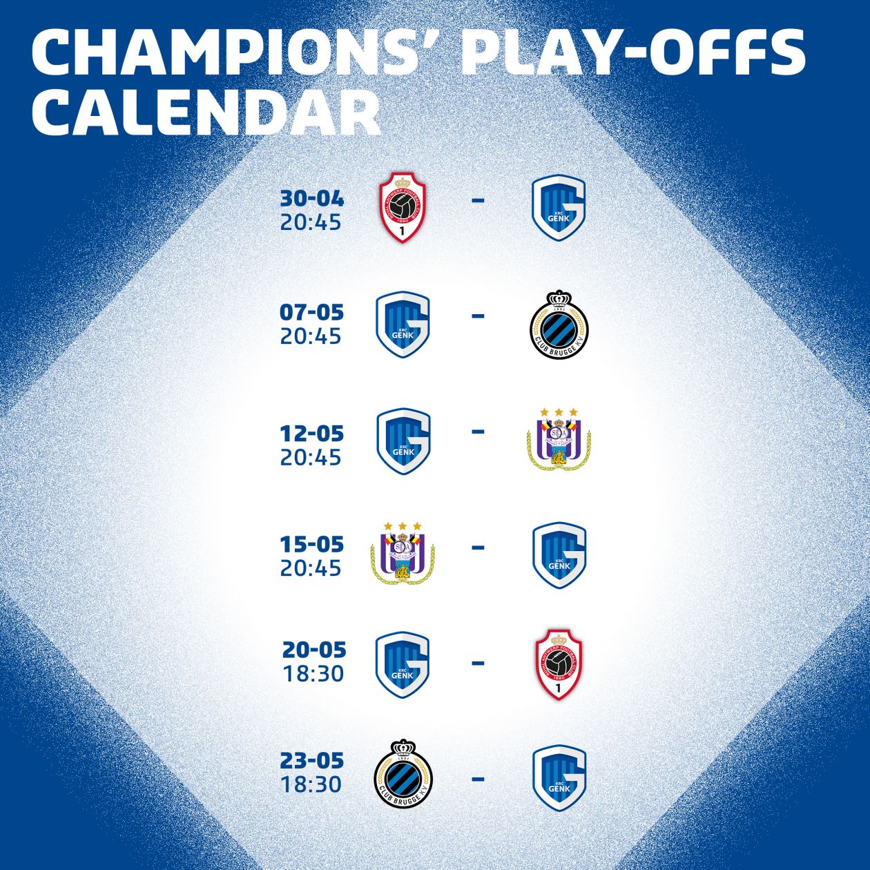 Ontdek onze kalender voor de Champions' playoffs KRC Genk